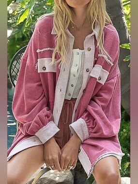 POL, Oversized Jacket, M,Pink and Cream Contrast-Trim, P2P: 25”, Worn once